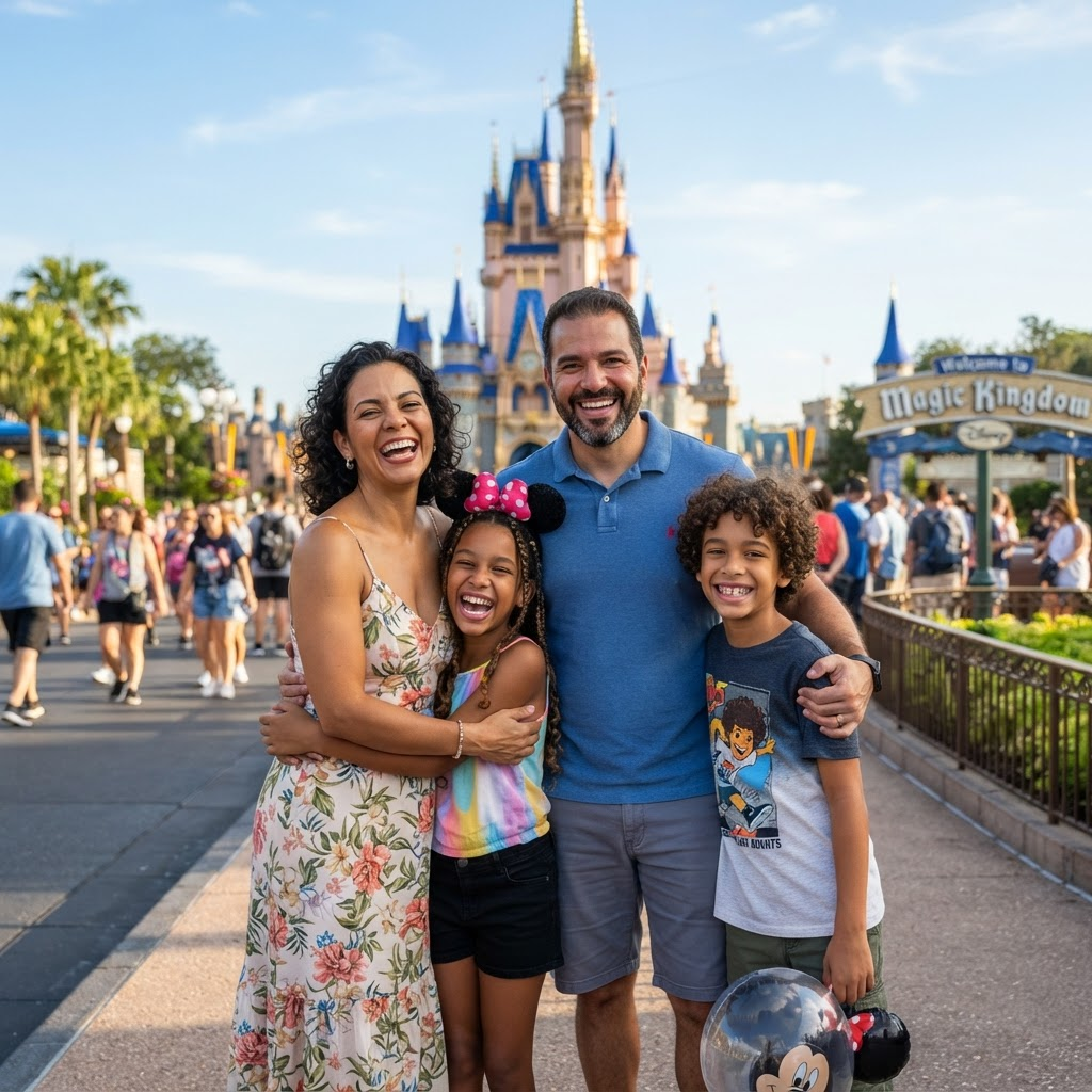 Família feliz com carro alugado em Orlando